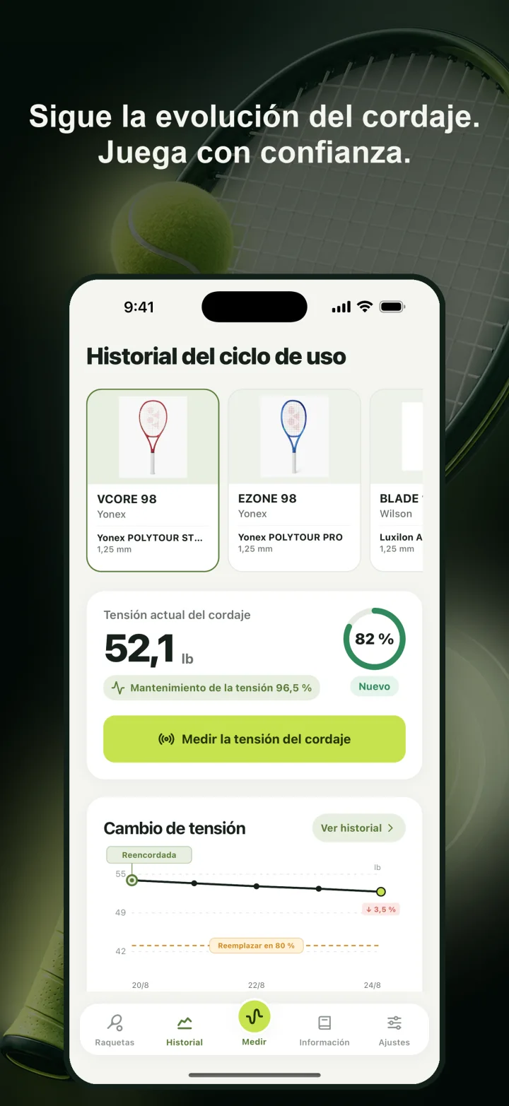 Sigue la evolución del cordaje. Juega con confianza.