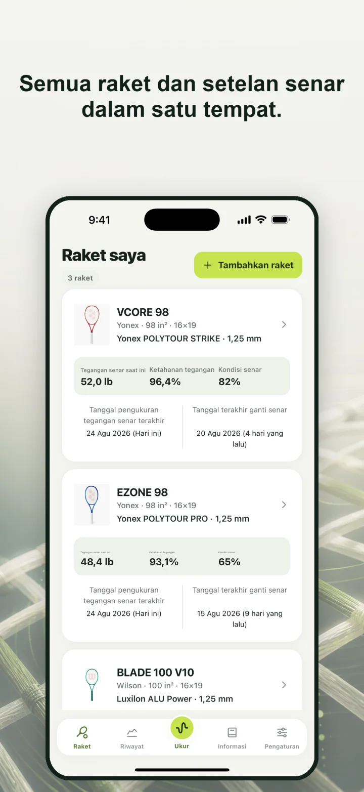 Semua raket dan setelan senar dalam satu tempat.